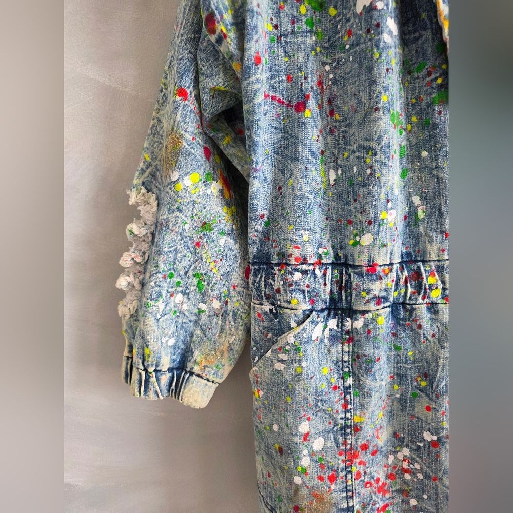 Aphrodite Acid Wash Denim Paint Splatter Open Frnt Long Jacket L Distress Hood - Picture 14 of 14